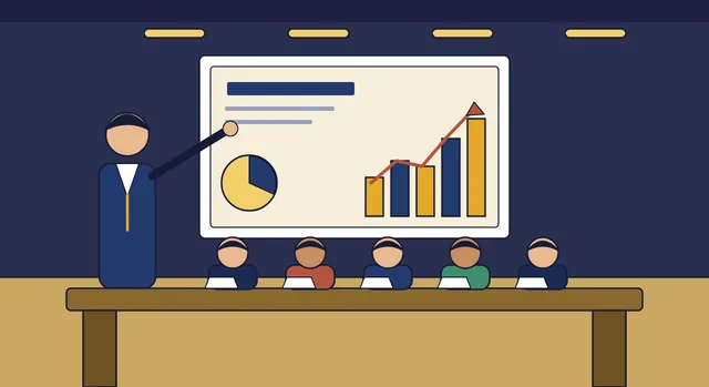 Illustration of a presenter showing a growth chart to a boardroom