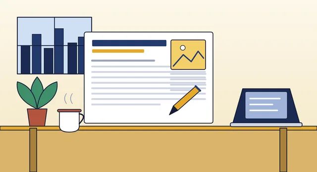 Illustration of a writing desk with a bylined article, pen, plant and coffee