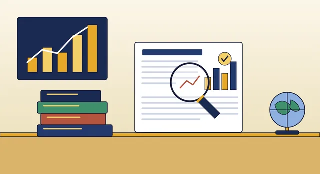 Illustration of a research brief with a magnifying glass over charts, books and a globe
