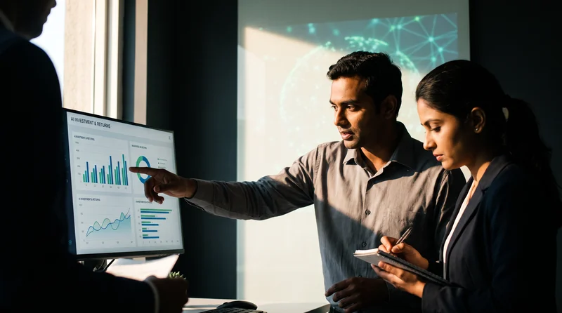 Indian professionals reviewing an AI investment and returns dashboard in an office